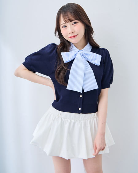 INGNI（イング） ボウタイドッキング半袖ニット ｺﾝ/ﾌﾞﾙｰｽﾄﾗｲﾌﾟ