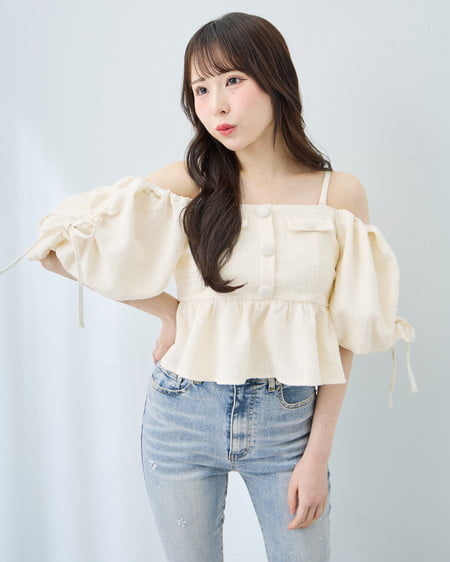 INGNI（イング） ツイードペプラムオフショルブラウス ｱｲﾎﾞﾘｰ