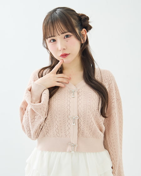 パターンメッシュリボンボタンニットカーディガン