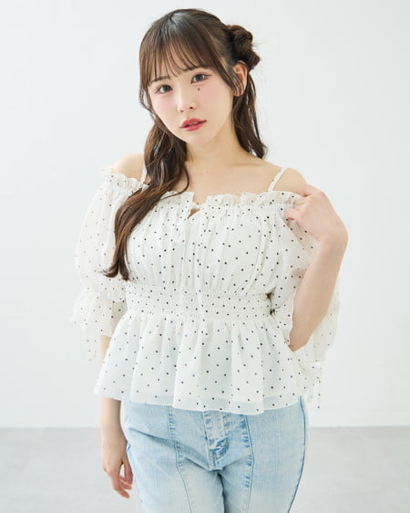 チュールオフショル半袖ブラウス