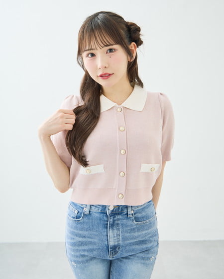 配色ラメ半袖ニットカーディガン