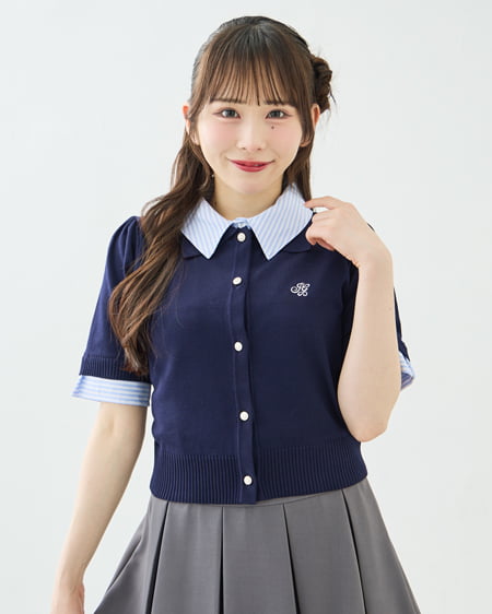 Wカラー配色半袖ポロニット