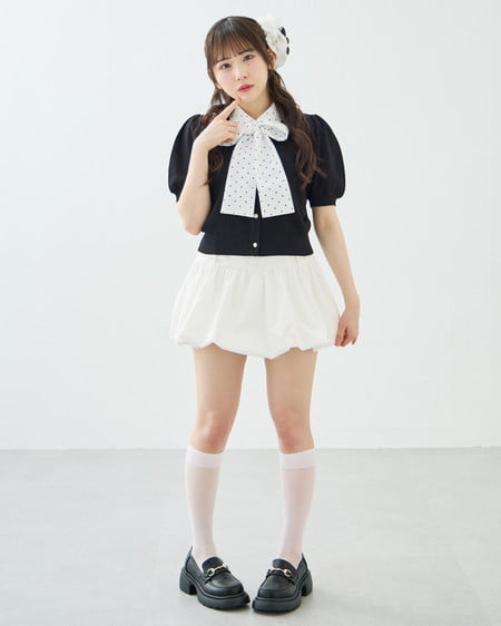 INGNI（イング） ボウタイドッキング半袖ニット ｸﾛ/ｵﾌｸﾛﾄﾞｯﾄ