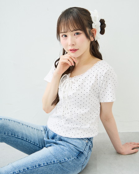 【WEB限定】レース付フロントギャザーリボンリブトップス