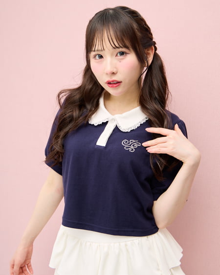 襟レース付胸ロゴポロシャツ
