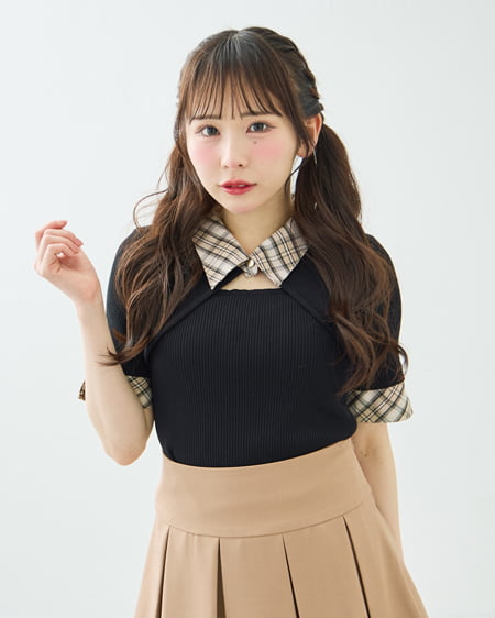 チェック襟デコルテオープン半袖ニット