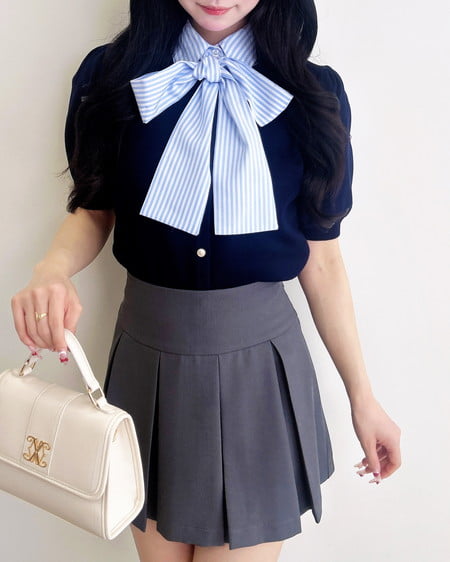 INGNI（イング） ボウタイドッキング半袖ニット ｺﾝ/ﾌﾞﾙｰｽﾄﾗｲﾌﾟ