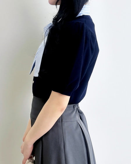 INGNI（イング） ボウタイドッキング半袖ニット ｺﾝ/ﾌﾞﾙｰｽﾄﾗｲﾌﾟ