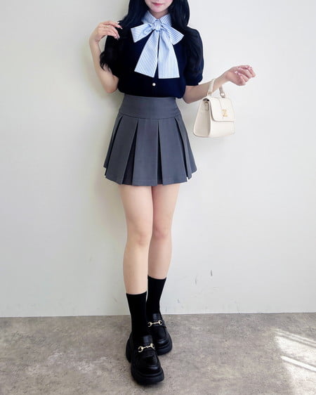 INGNI（イング） ボウタイドッキング半袖ニット ｺﾝ/ﾌﾞﾙｰｽﾄﾗｲﾌﾟ