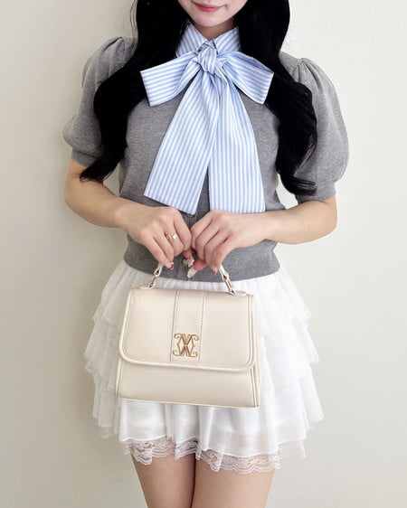 INGNI（イング） ボウタイドッキング半袖ニット ｸﾞﾚｰ/ﾌﾞﾙｰｽﾄﾗｲﾌﾟ