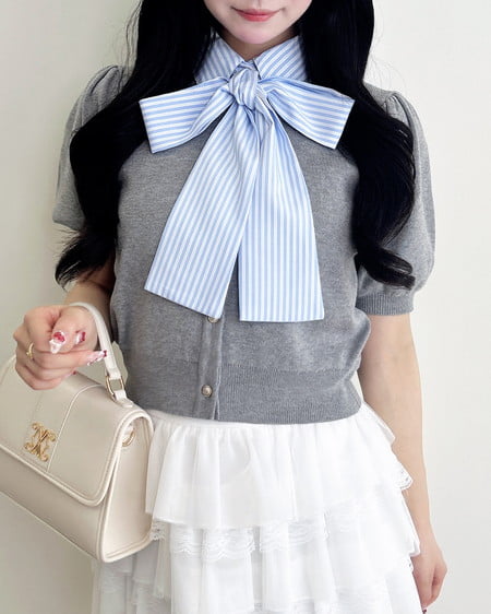 INGNI（イング） ボウタイドッキング半袖ニット ｸﾞﾚｰ/ﾌﾞﾙｰｽﾄﾗｲﾌﾟ