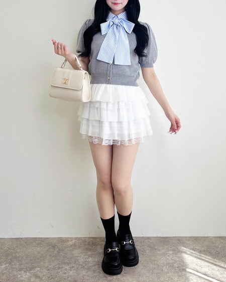 INGNI（イング） ボウタイドッキング半袖ニット ｸﾞﾚｰ/ﾌﾞﾙｰｽﾄﾗｲﾌﾟ