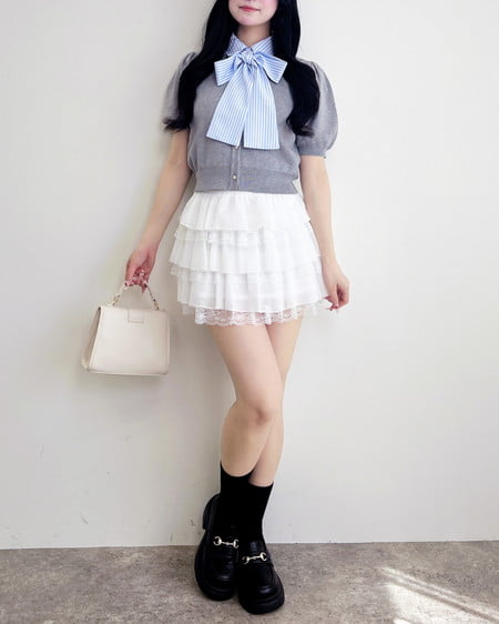 INGNI（イング） ボウタイドッキング半袖ニット ｸﾞﾚｰ/ﾌﾞﾙｰｽﾄﾗｲﾌﾟ