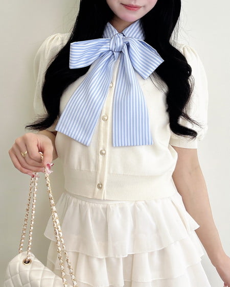 INGNI（イング） ボウタイドッキング半袖ニット ｵﾌﾎﾜｲﾄ/ﾌﾞﾙｰｽﾄﾗｲﾌﾟ