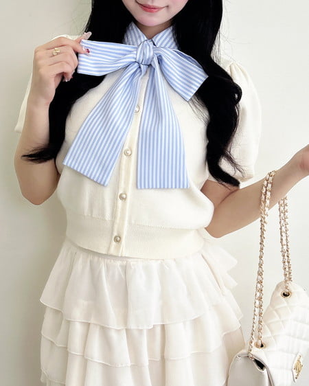 INGNI（イング） ボウタイドッキング半袖ニット ｵﾌﾎﾜｲﾄ/ﾌﾞﾙｰｽﾄﾗｲﾌﾟ