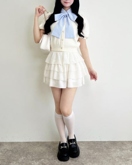 INGNI（イング） ボウタイドッキング半袖ニット ｵﾌﾎﾜｲﾄ/ﾌﾞﾙｰｽﾄﾗｲﾌﾟ