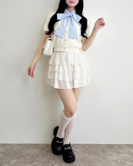 INGNI（イング） ボウタイドッキング半袖ニット ｵﾌﾎﾜｲﾄ/ﾌﾞﾙｰｽﾄﾗｲﾌﾟ