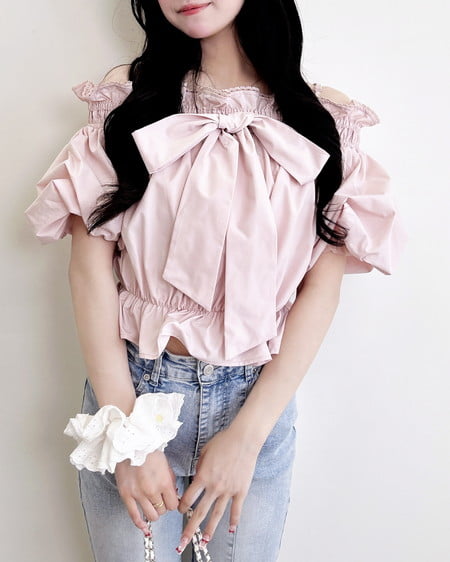 リボンオフショルバルーンスリーブブラウス