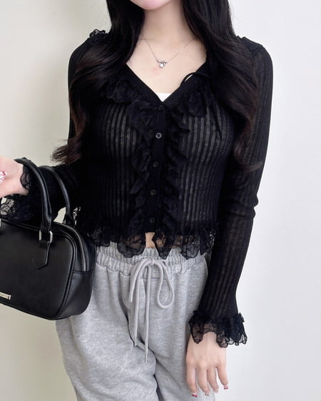 INGNI（イング） フリルレースドッキングシアーリブカーディガン ｸﾛ