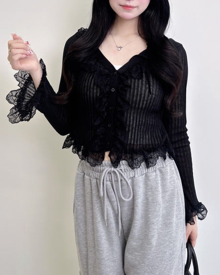 INGNI（イング） フリルレースドッキングシアーリブカーディガン ｸﾛ