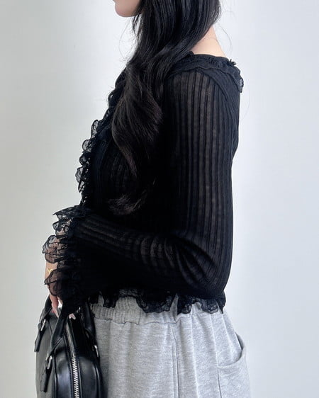 INGNI（イング） フリルレースドッキングシアーリブカーディガン ｸﾛ