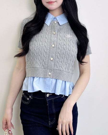 INGNI（イング） ケーブル柄裾シャツ半袖ニット ｸﾞﾚｰ/ﾌﾞﾙｰ