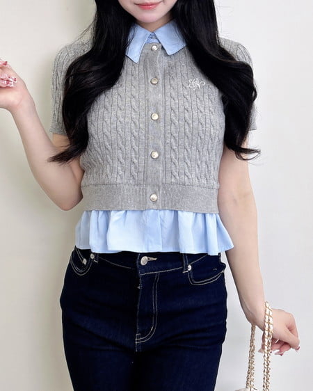 INGNI（イング） ケーブル柄裾シャツ半袖ニット ｸﾞﾚｰ/ﾌﾞﾙｰ