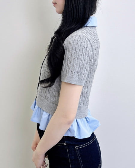 INGNI（イング） ケーブル柄裾シャツ半袖ニット ｸﾞﾚｰ/ﾌﾞﾙｰ