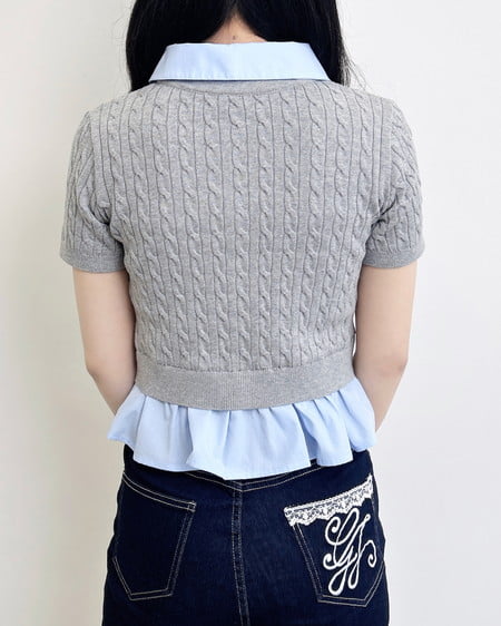 INGNI（イング） ケーブル柄裾シャツ半袖ニット ｸﾞﾚｰ/ﾌﾞﾙｰ