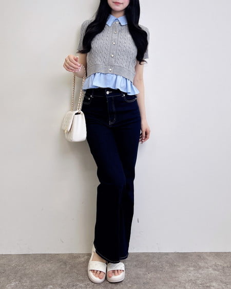 INGNI（イング） ケーブル柄裾シャツ半袖ニット ｸﾞﾚｰ/ﾌﾞﾙｰ