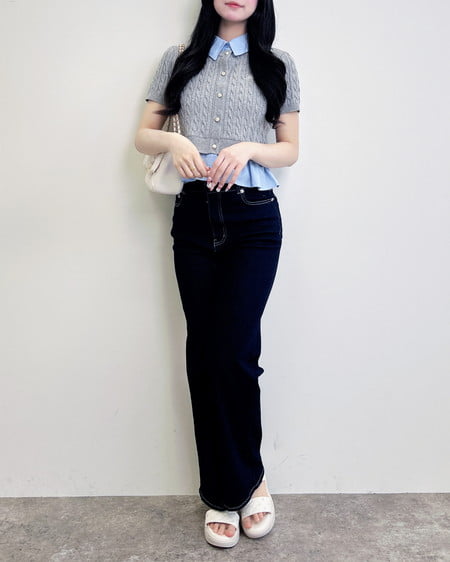 INGNI（イング） ケーブル柄裾シャツ半袖ニット ｸﾞﾚｰ/ﾌﾞﾙｰ