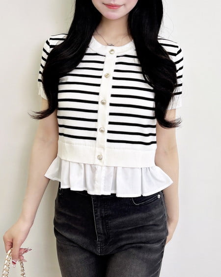 INGNI（イング） アソート柄裾フリル半袖ニットカーディガン ｵﾌｸﾛ/ﾎﾞｰﾀﾞｰ