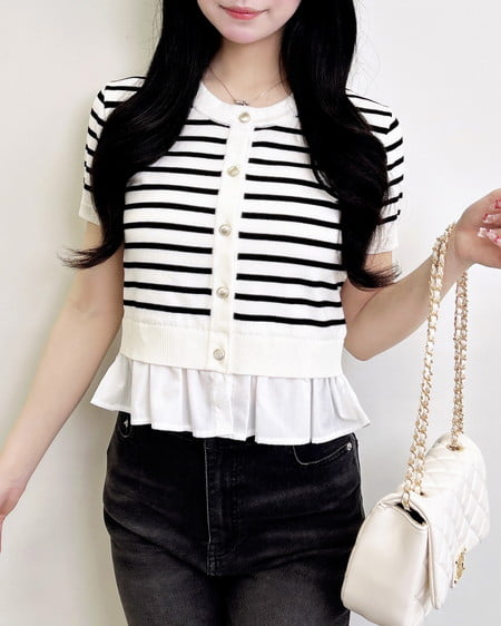 INGNI（イング） アソート柄裾フリル半袖ニットカーディガン ｵﾌｸﾛ/ﾎﾞｰﾀﾞｰ