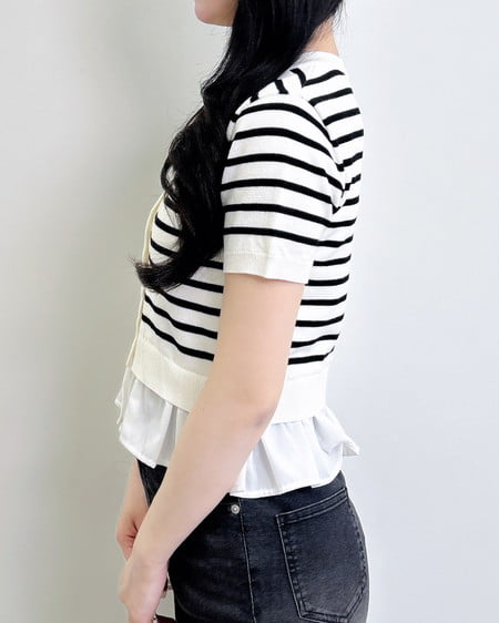 INGNI（イング） アソート柄裾フリル半袖ニットカーディガン ｵﾌｸﾛ/ﾎﾞｰﾀﾞｰ