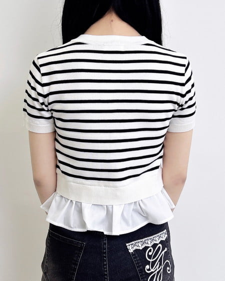 INGNI（イング） アソート柄裾フリル半袖ニットカーディガン ｵﾌｸﾛ/ﾎﾞｰﾀﾞｰ