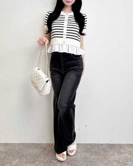 INGNI（イング） アソート柄裾フリル半袖ニットカーディガン ｵﾌｸﾛ/ﾎﾞｰﾀﾞｰ