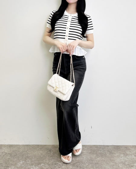 INGNI（イング） アソート柄裾フリル半袖ニットカーディガン ｵﾌｸﾛ/ﾎﾞｰﾀﾞｰ