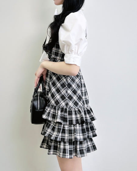 INGNI（イング） アソート柄フリルミニキャミワンピース ｸﾛ/ﾁｪｯｸ