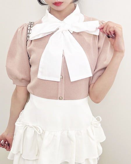 INGNI（イング） ボウタイドッキング半袖ニット ﾋﾟﾝｸ/ｵﾌﾎﾜｲﾄ