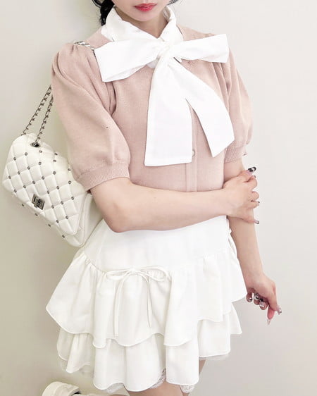 INGNI（イング） ボウタイドッキング半袖ニット ﾋﾟﾝｸ/ｵﾌﾎﾜｲﾄ