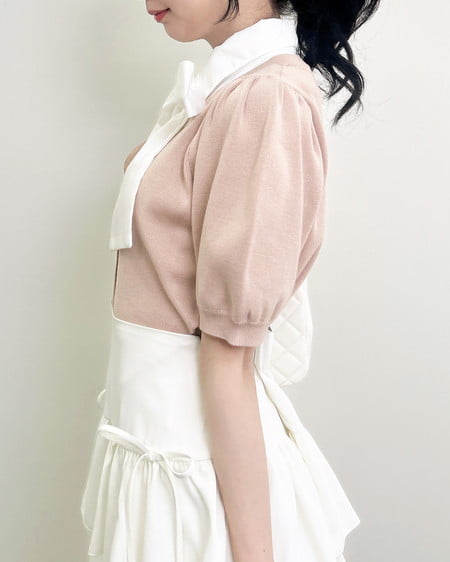 INGNI（イング） ボウタイドッキング半袖ニット ﾋﾟﾝｸ/ｵﾌﾎﾜｲﾄ