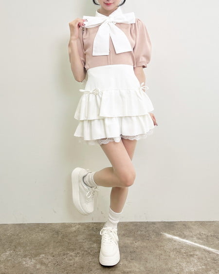 INGNI（イング） ボウタイドッキング半袖ニット ﾋﾟﾝｸ/ｵﾌﾎﾜｲﾄ