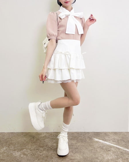 INGNI（イング） ボウタイドッキング半袖ニット ﾋﾟﾝｸ/ｵﾌﾎﾜｲﾄ