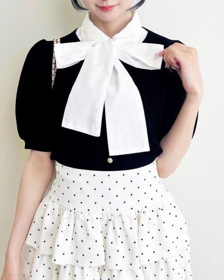 ボウタイドッキング半袖ニット