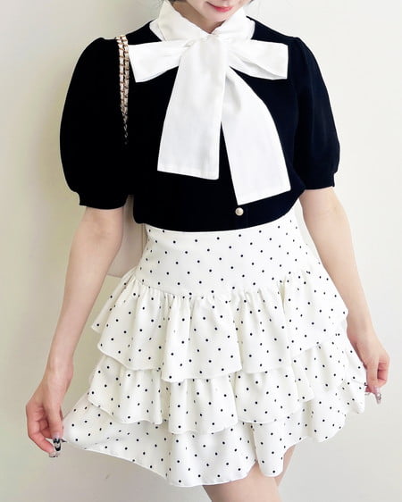 INGNI（イング） ボウタイドッキング半袖ニット ｸﾛ/ｵﾌﾎﾜｲﾄ