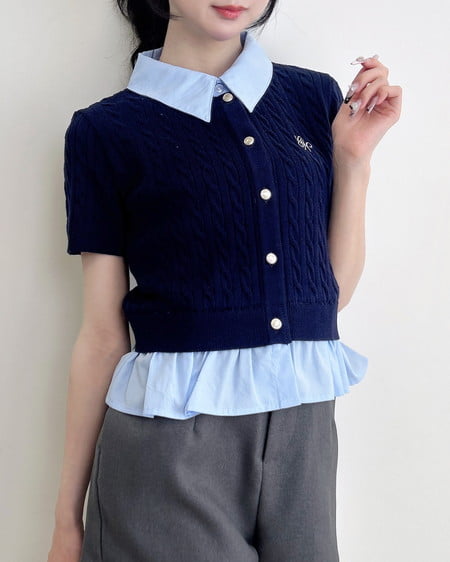 ケーブル柄裾シャツ半袖ニット