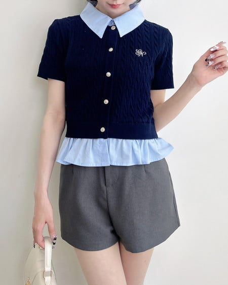 INGNI（イング） ケーブル柄裾シャツ半袖ニット ｺﾝ/ﾌﾞﾙｰ