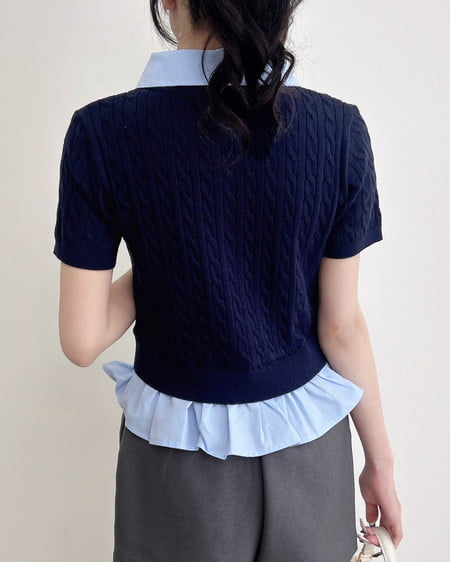 INGNI（イング） ケーブル柄裾シャツ半袖ニット ｺﾝ/ﾌﾞﾙｰ