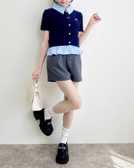 INGNI（イング） ケーブル柄裾シャツ半袖ニット ｺﾝ/ﾌﾞﾙｰ