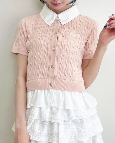 ケーブル柄裾シャツ半袖ニット